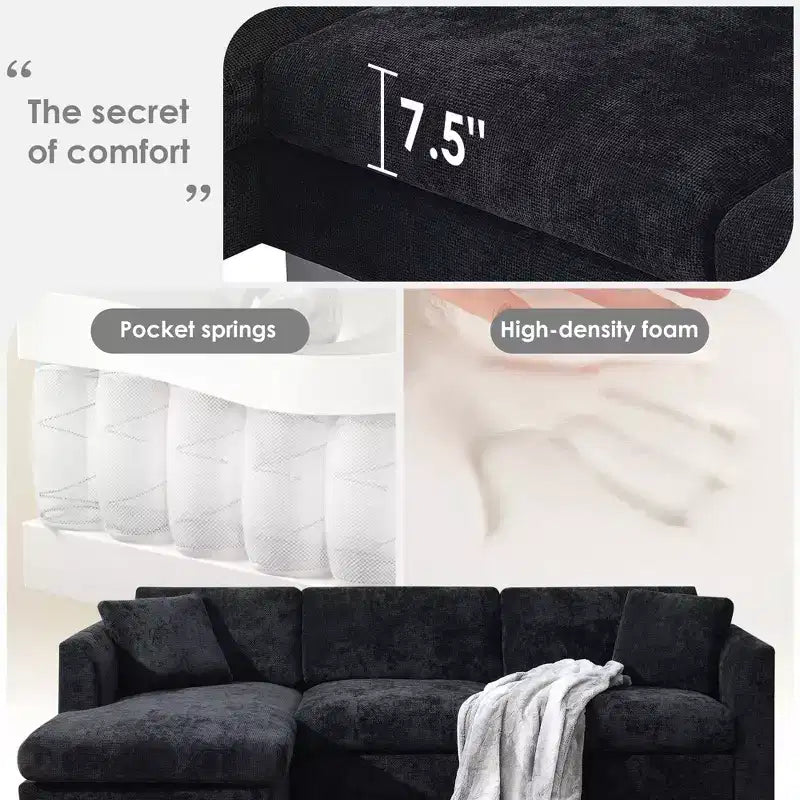Divano moderno a nuvola a L: divano di lusso in ciniglia a 4 posti con chaise longue oversize, 2 cuscini inclusi - Ideale per soggiorno, appartamento, ufficio