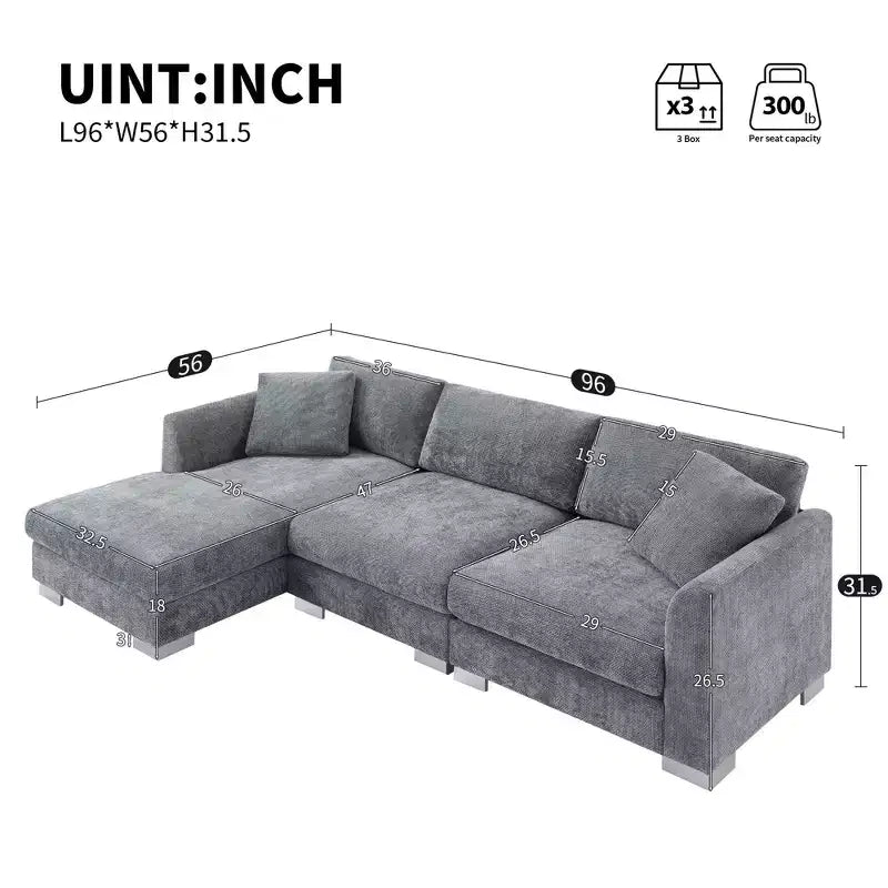 Divano moderno a nuvola a L: divano di lusso in ciniglia a 4 posti con chaise longue oversize, 2 cuscini inclusi - Ideale per soggiorno, appartamento, ufficio