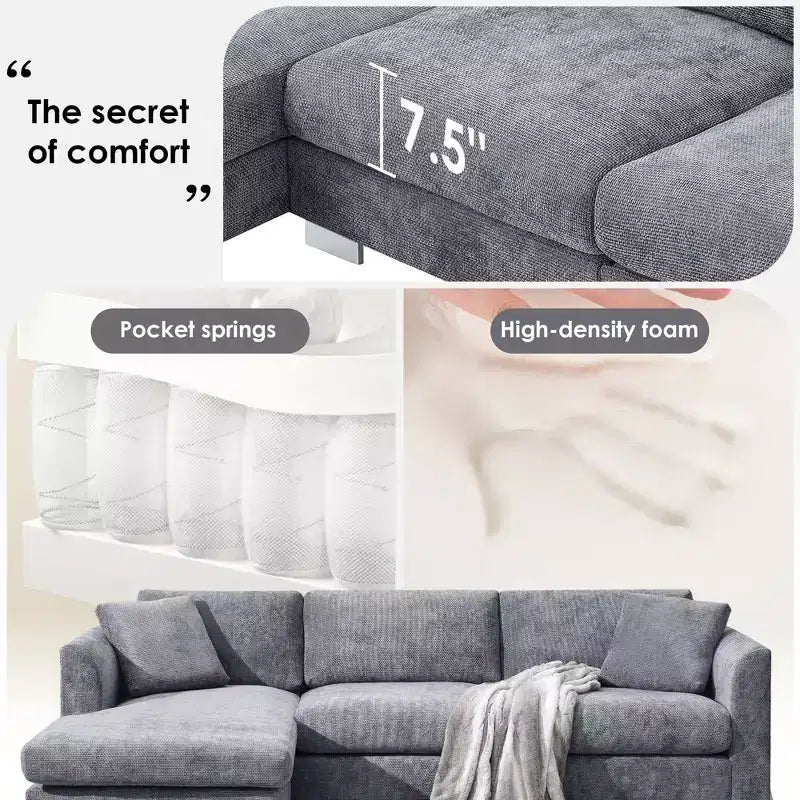 Divano moderno a nuvola a L: divano di lusso in ciniglia a 4 posti con chaise longue oversize, 2 cuscini inclusi - Ideale per soggiorno, appartamento, ufficio