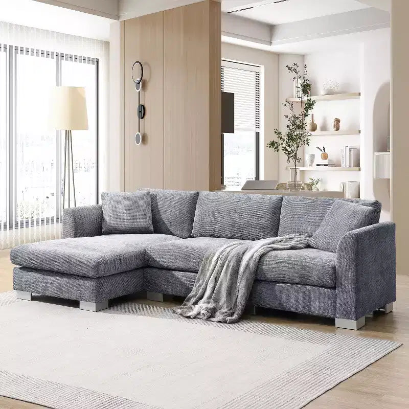 Divano moderno a nuvola a L: divano di lusso in ciniglia a 4 posti con chaise longue oversize, 2 cuscini inclusi - Ideale per soggiorno, appartamento, ufficio