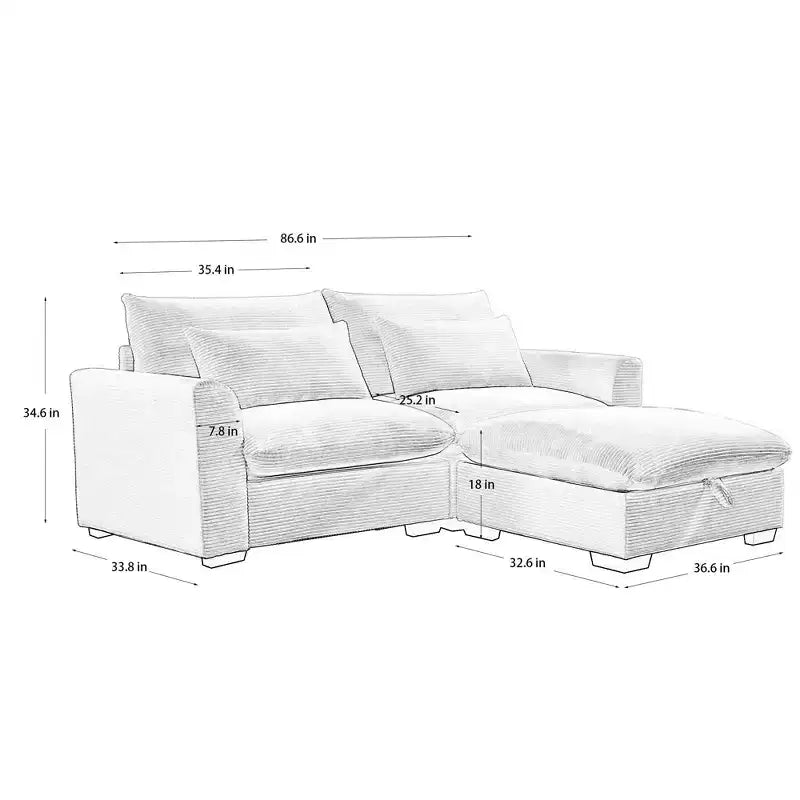 Comodo divano componibile in velluto a coste con cuscini e braccioli arrotondati, moderno divano letto profondo con pouf contenitore