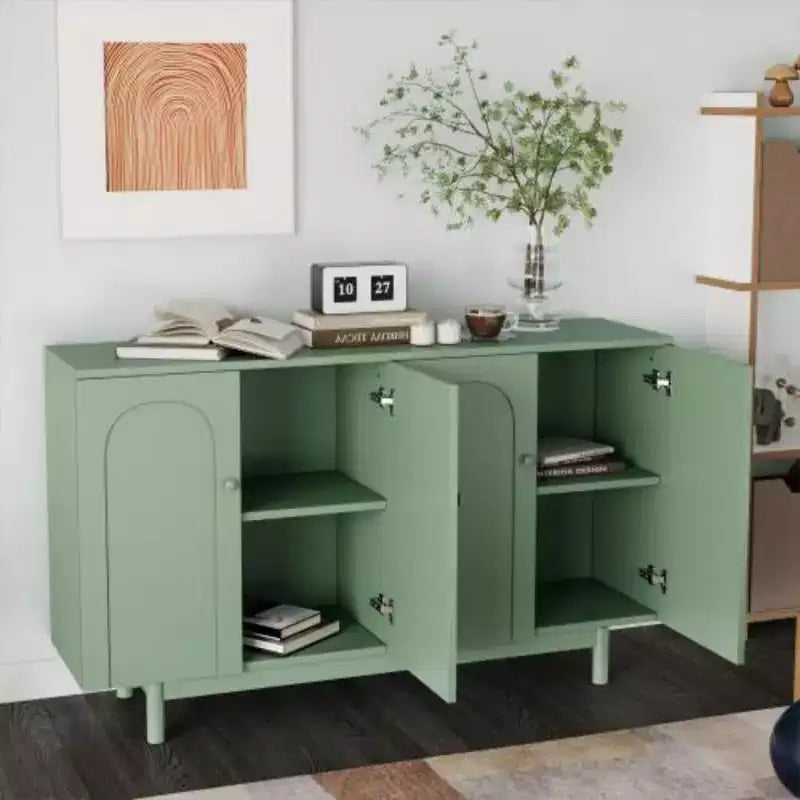 Elegante e Funzionale Mobile Contenitore Intagliato a 4 Ante con Gambe in Pino, Maniglie in Legno Massello e MDF, per Soggiorno, Camera da Letto e Cucina
