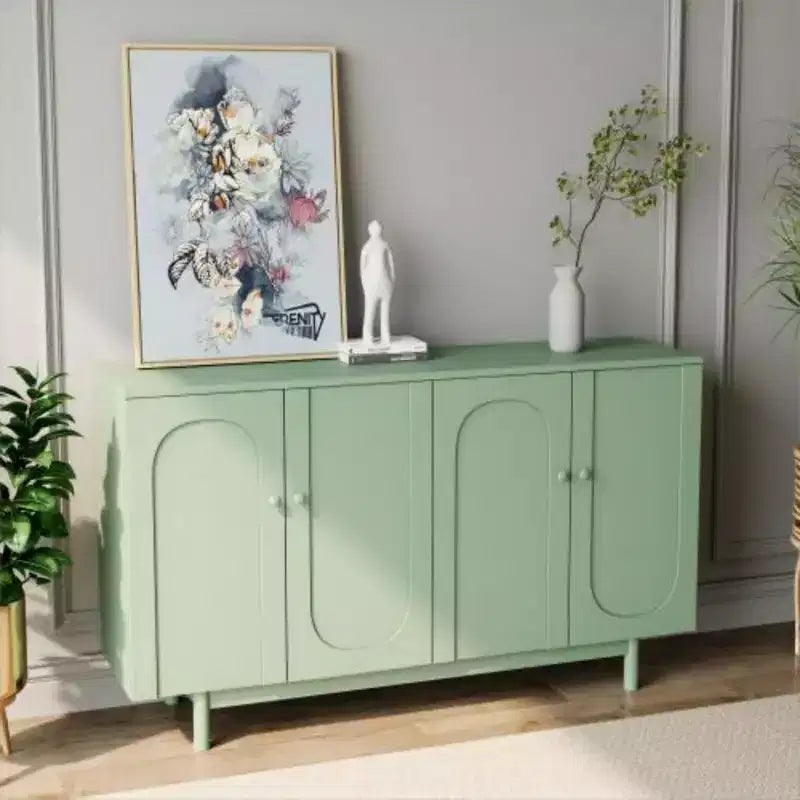 Elegante e Funzionale Mobile Contenitore Intagliato a 4 Ante con Gambe in Pino, Maniglie in Legno Massello e MDF, per Soggiorno, Camera da Letto e Cucina
