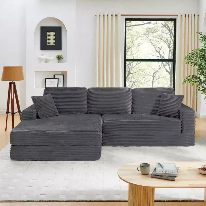 Seduta sinistra divano, Divano componibile a L, Divano componibile compresso in stile moderno minimalista in velluto a coste, Si trasforma in letto, Camera da letto