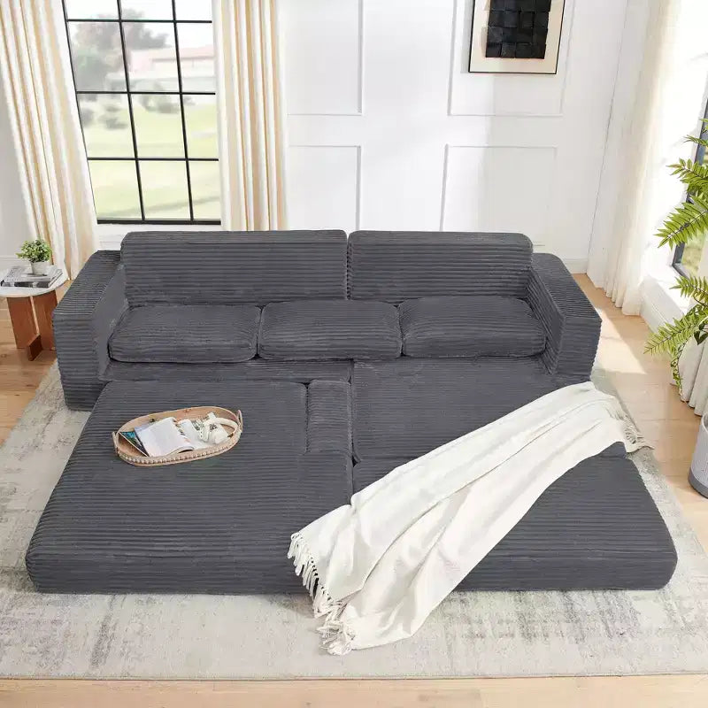 Seduta sinistra divano, Divano componibile a L, Divano componibile compresso in stile moderno minimalista in velluto a coste, Si trasforma in letto, Camera da letto