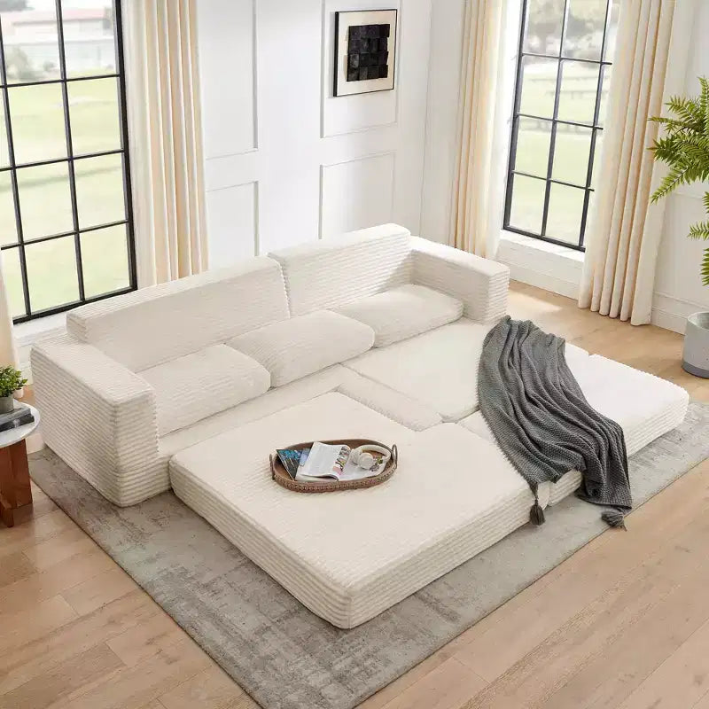 Seduta sinistra divano, Divano componibile a L, Divano componibile compresso in stile moderno minimalista in velluto a coste, Si trasforma in letto, Camera da letto