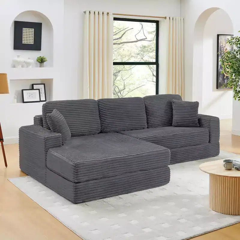 Seduta sinistra divano, Divano componibile a L, Divano componibile compresso in stile moderno minimalista in velluto a coste, Si trasforma in letto, Camera da letto