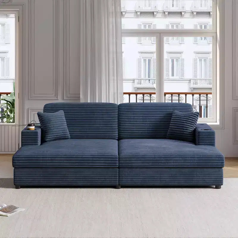 Divano letto sezionale 86.5 con chaise longue e loveseat oversize, in velluto a coste, con due porte USB