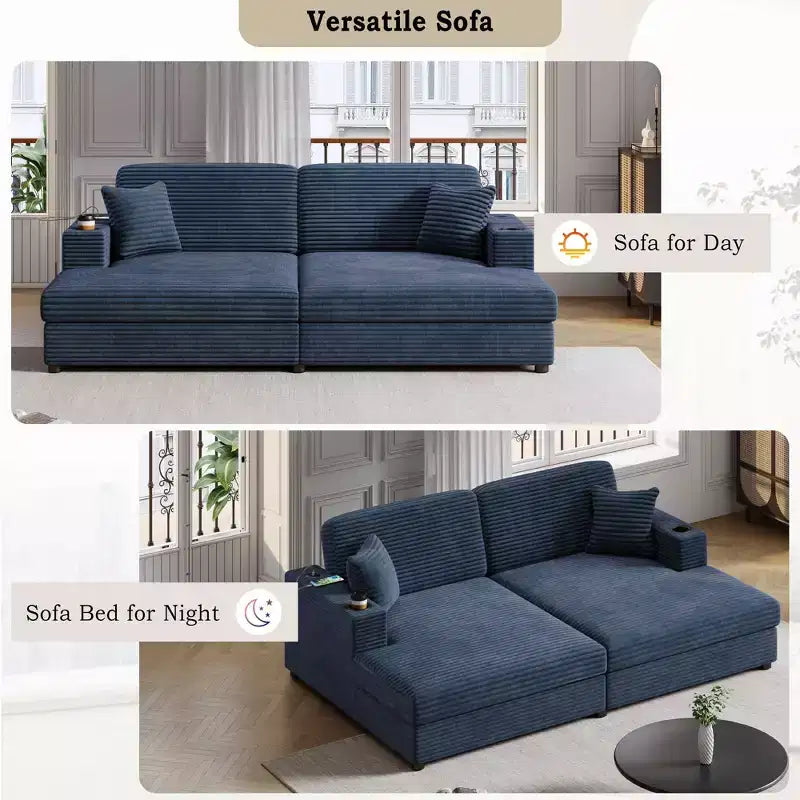 Divano letto sezionale 86.5 con chaise longue e loveseat oversize, in velluto a coste, con due porte USB