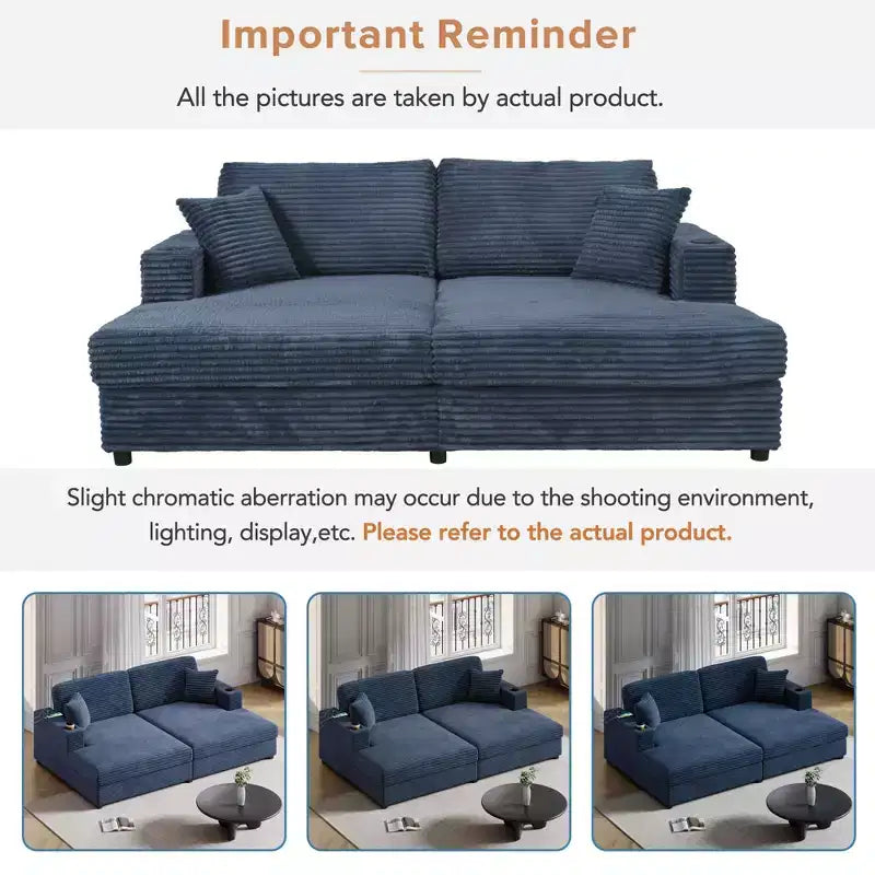 Divano letto sezionale 86.5 con chaise longue e loveseat oversize, in velluto a coste, con due porte USB