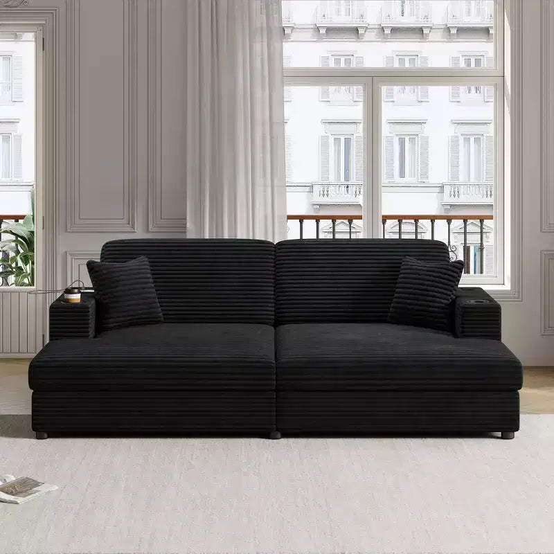 Divano letto sezionale 86.5 con chaise longue e loveseat oversize, in velluto a coste, con due porte USB