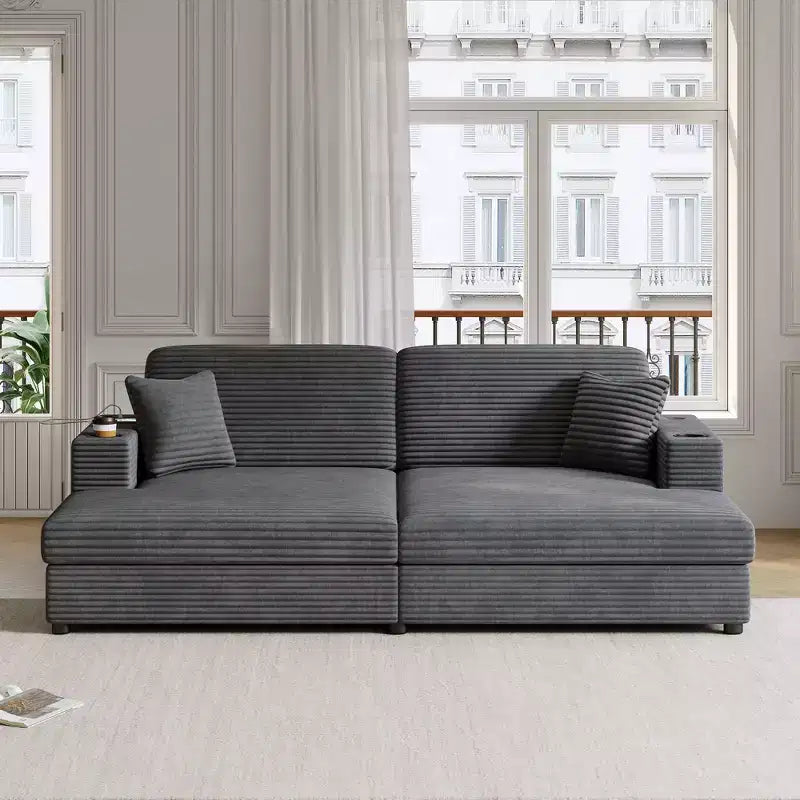 Divano letto sezionale 86.5 con chaise longue e loveseat oversize, in velluto a coste, con due porte USB