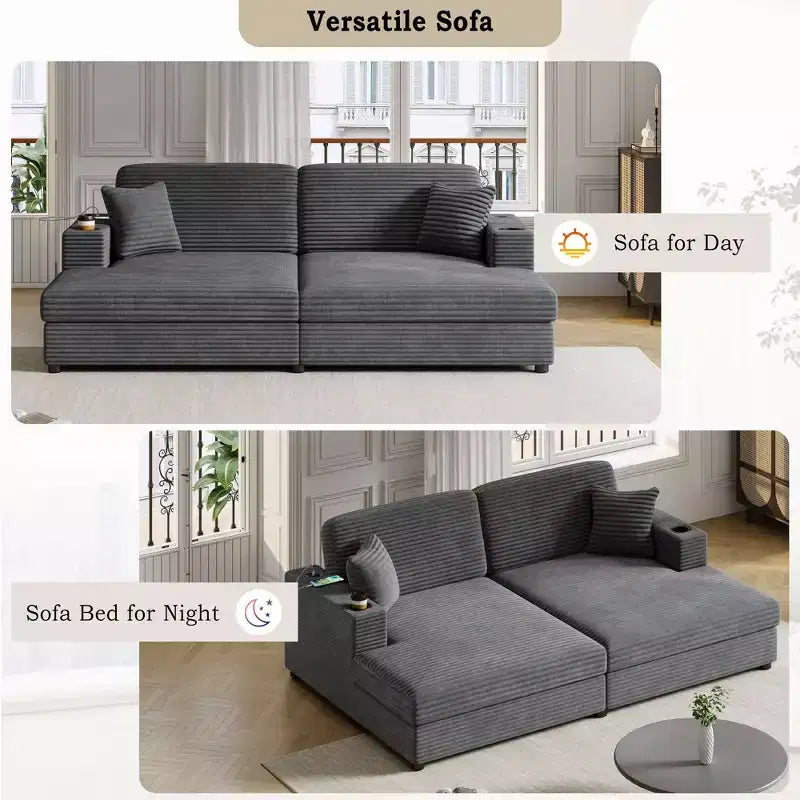Divano letto sezionale 86.5 con chaise longue e loveseat oversize, in velluto a coste, con due porte USB