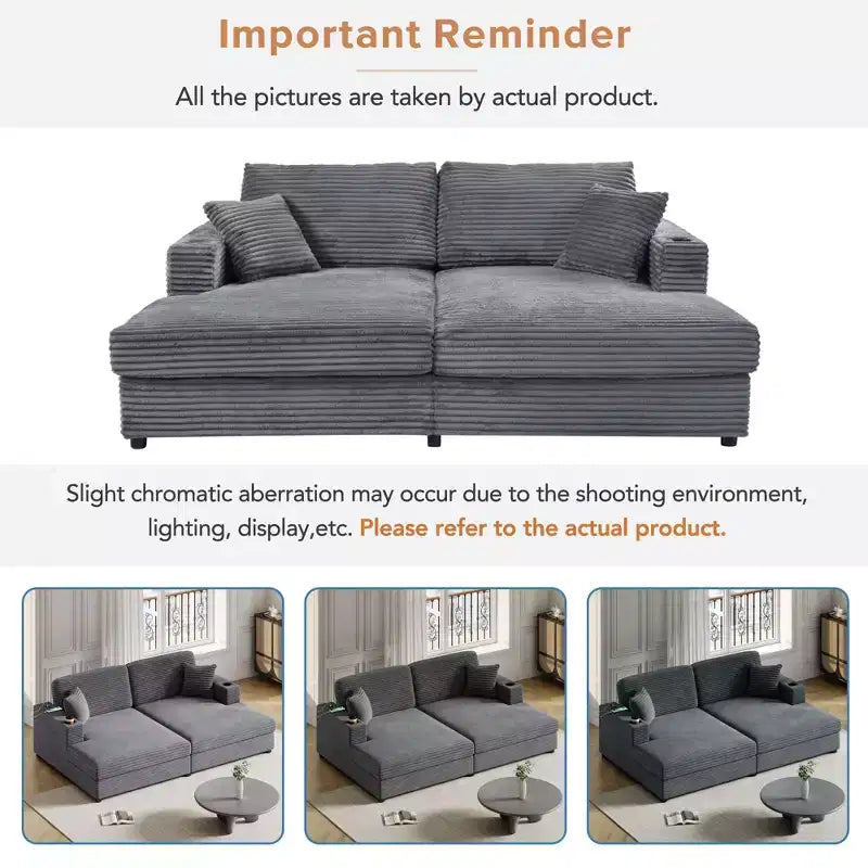 Divano letto sezionale 86.5 con chaise longue e loveseat oversize, in velluto a coste, con due porte USB