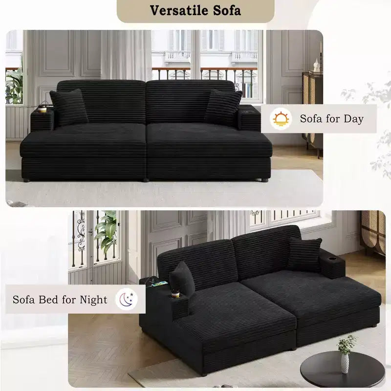 Divano letto sezionale 86.5 con chaise longue e loveseat oversize, in velluto a coste, con due porte USB