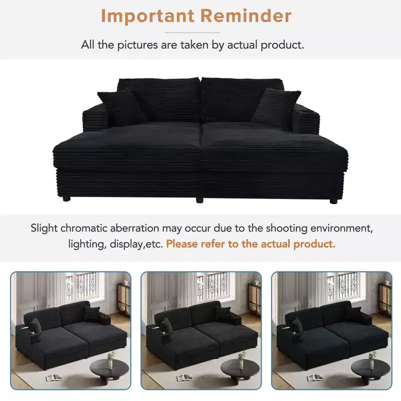 Divano letto sezionale 86.5 con chaise longue e loveseat oversize, in velluto a coste, con due porte USB