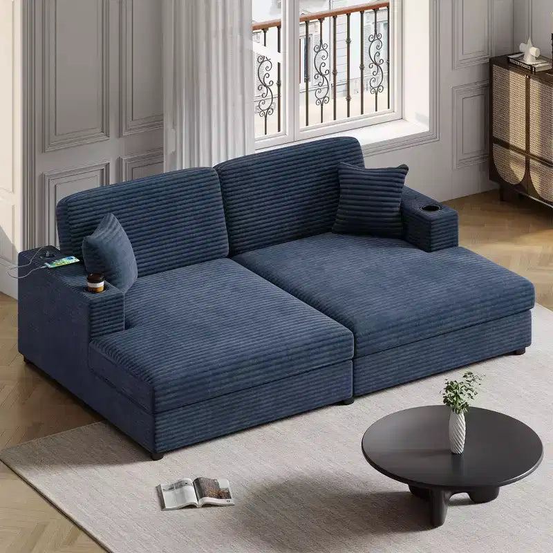 Divano letto sezionale 86.5 con chaise longue e loveseat oversize, in velluto a coste, con due porte USB