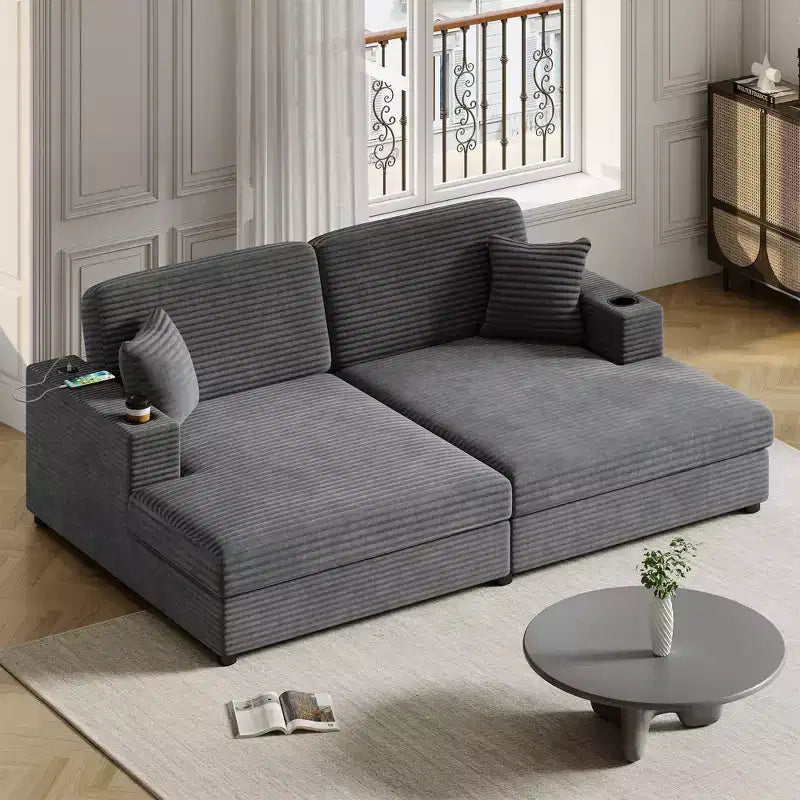 Divano letto sezionale 86.5 con chaise longue e loveseat oversize, in velluto a coste, con due porte USB