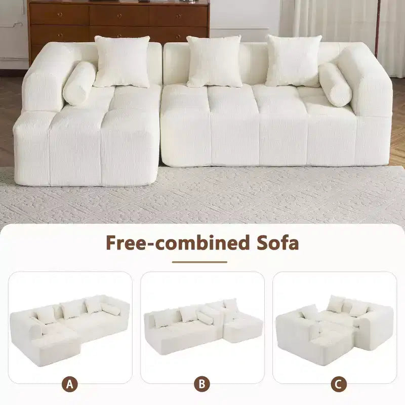 101.2 Divano Sezionale Divano Completamente Compresso Divano Modulare Divano Componibile con Seduta Profonda e Due Tasche Laterali per Soggiorno, Beige