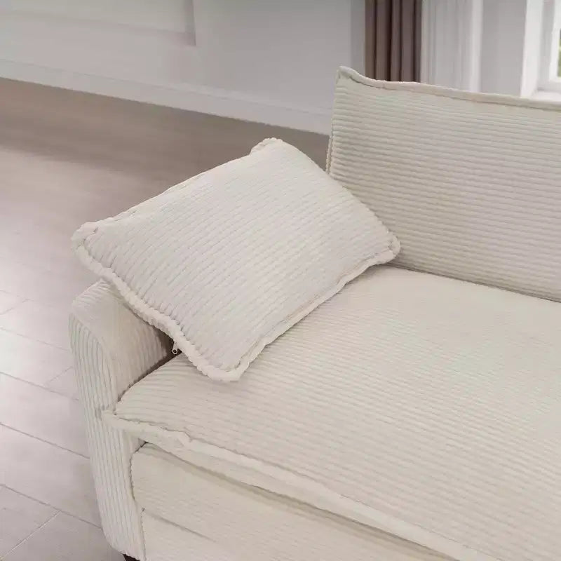 Divano Sezionale Moderno Mid-Century a 3 Posti con 2 Cuscini Bracciolo e 3 Cuscini Decorativi, Tessuto in Velluto a Coste Beige Chiaro