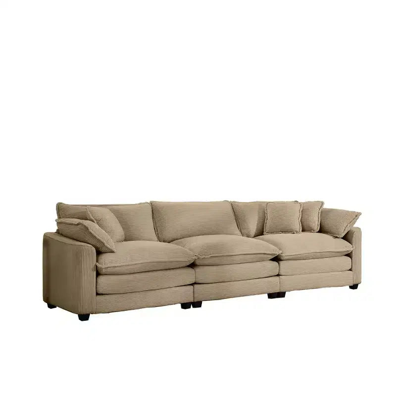 Divano Sezionale Moderno Mid-Century a 3 Posti con 2 Cuscini Bracciolo e 3 Cuscini Decorativi, Tessuto in Velluto a Coste Beige Chiaro