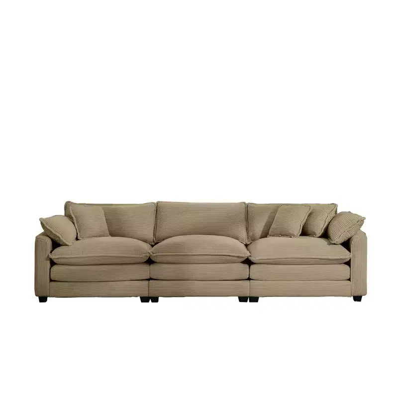 Divano Sezionale Moderno Mid-Century a 3 Posti con 2 Cuscini Bracciolo e 3 Cuscini Decorativi, Tessuto in Velluto a Coste Beige Chiaro