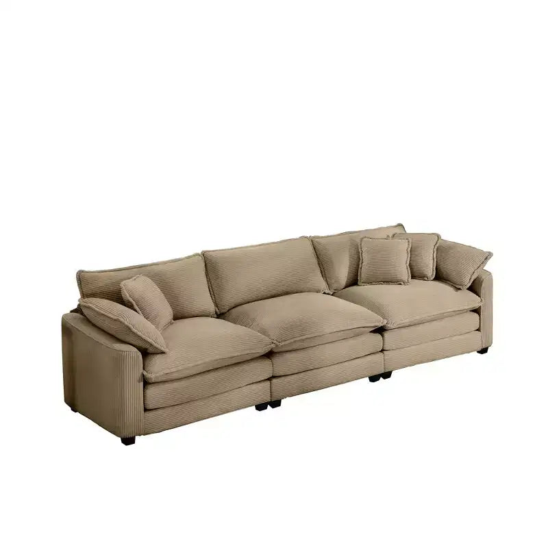 Divano Sezionale Moderno Mid-Century a 3 Posti con 2 Cuscini Bracciolo e 3 Cuscini Decorativi, Tessuto in Velluto a Coste Beige Chiaro