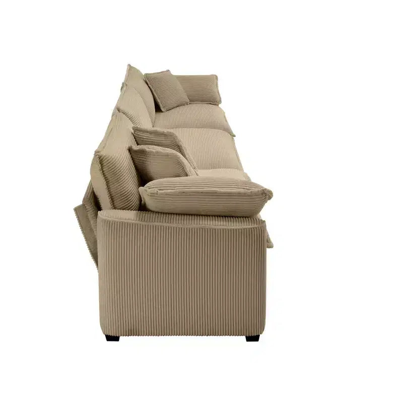 Divano Sezionale Moderno Mid-Century a 3 Posti con 2 Cuscini Bracciolo e 3 Cuscini Decorativi, Tessuto in Velluto a Coste Beige Chiaro
