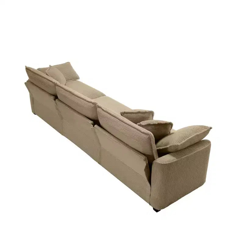 Divano Sezionale Moderno Mid-Century a 3 Posti con 2 Cuscini Bracciolo e 3 Cuscini Decorativi, Tessuto in Velluto a Coste Beige Chiaro