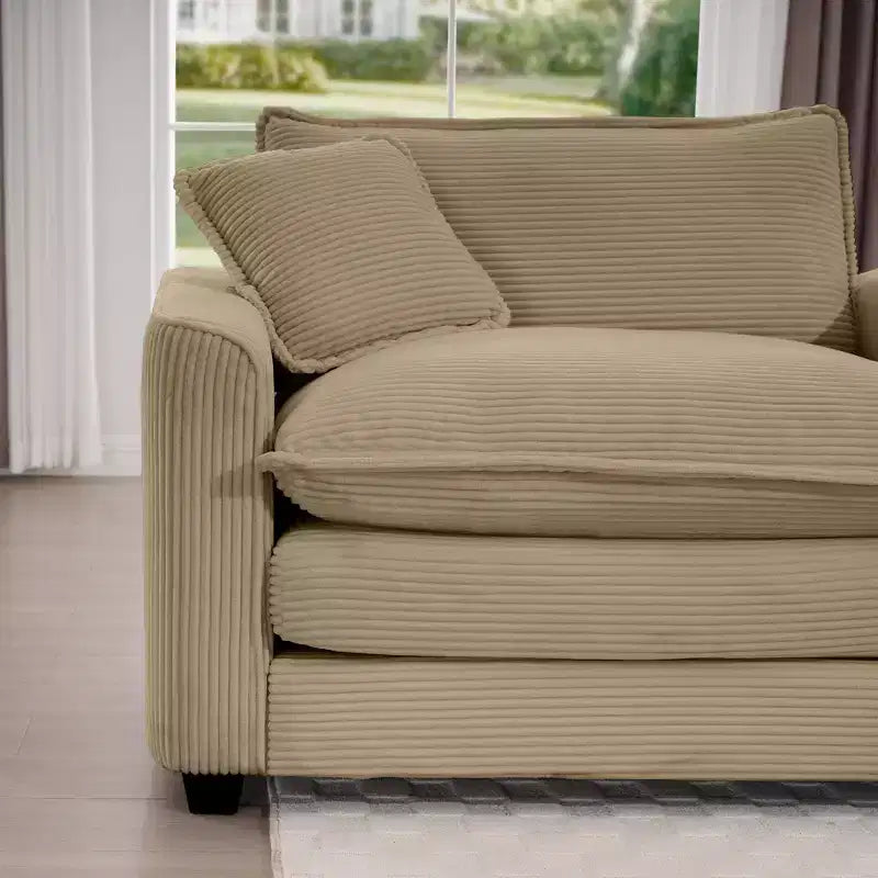 Divano Sezionale Moderno Mid-Century a 3 Posti con 2 Cuscini Bracciolo e 3 Cuscini Decorativi, Tessuto in Velluto a Coste Beige Chiaro
