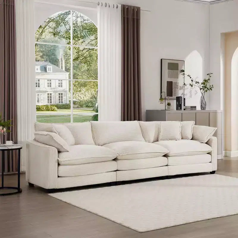 Divano Sezionale Moderno Mid-Century a 3 Posti con 2 Cuscini Bracciolo e 3 Cuscini Decorativi, Tessuto in Velluto a Coste Beige Chiaro