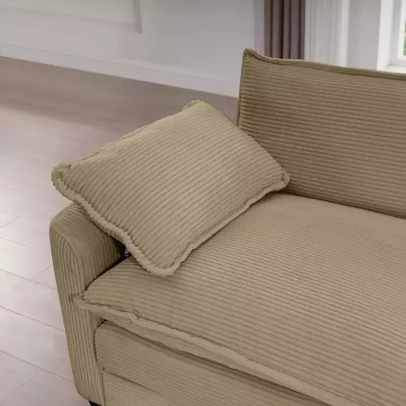 Divano Sezionale Moderno Mid-Century a 3 Posti con 2 Cuscini Bracciolo e 3 Cuscini Decorativi, Tessuto in Velluto a Coste Beige Chiaro