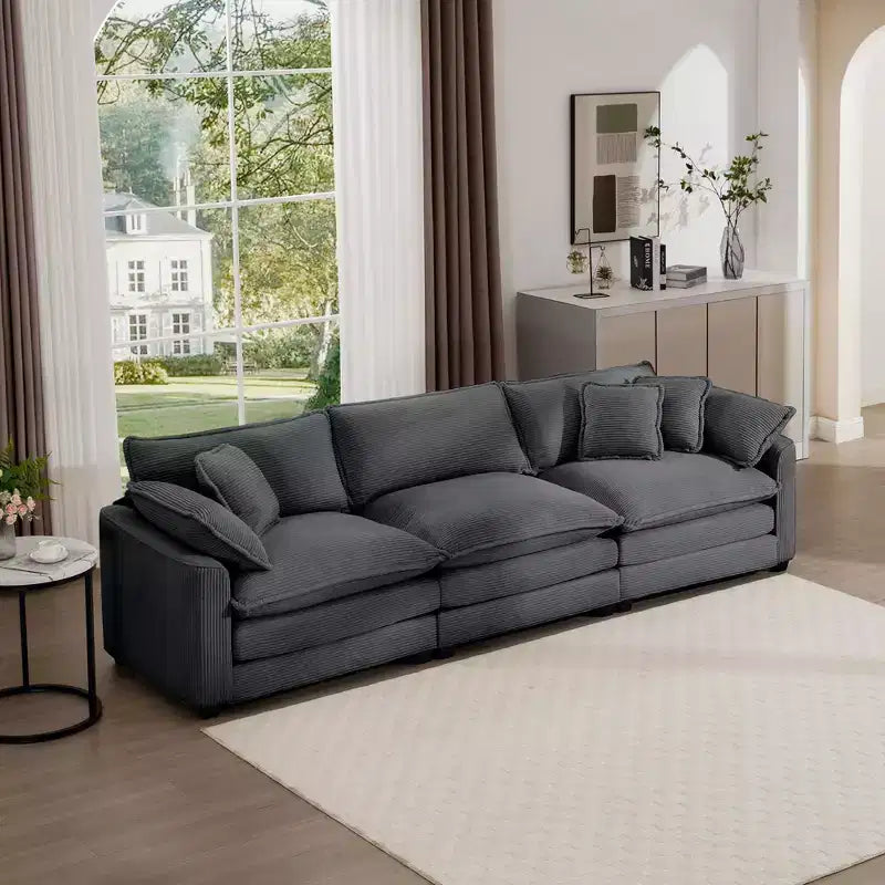 Divano Sezionale Moderno Mid-Century a 3 Posti con 2 Cuscini Bracciolo e 3 Cuscini Decorativi, Tessuto in Velluto a Coste Beige Chiaro