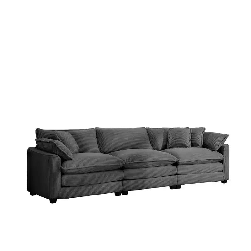 Divano Sezionale Moderno Mid-Century a 3 Posti con 2 Cuscini Bracciolo e 3 Cuscini Decorativi, Tessuto in Velluto a Coste Beige Chiaro