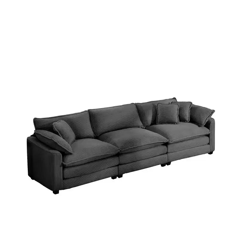 Divano Sezionale Moderno Mid-Century a 3 Posti con 2 Cuscini Bracciolo e 3 Cuscini Decorativi, Tessuto in Velluto a Coste Beige Chiaro