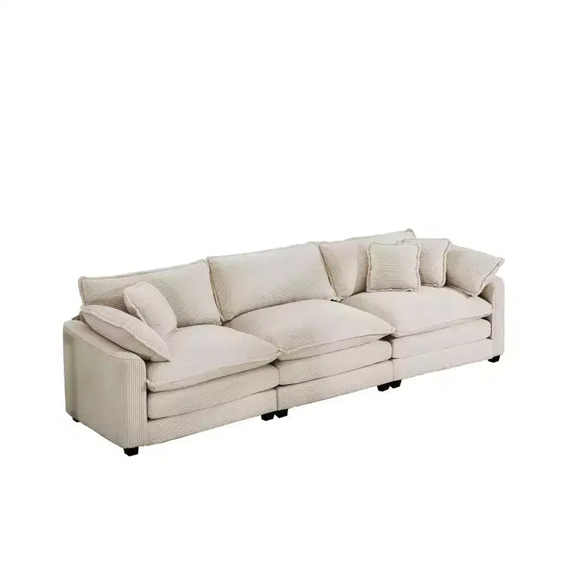 Divano Sezionale Moderno Mid-Century a 3 Posti con 2 Cuscini Bracciolo e 3 Cuscini Decorativi, Tessuto in Velluto a Coste Beige Chiaro