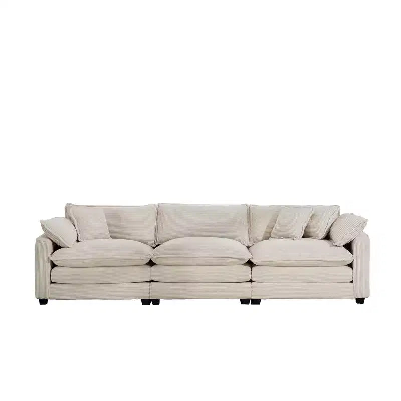 Divano Sezionale Moderno Mid-Century a 3 Posti con 2 Cuscini Bracciolo e 3 Cuscini Decorativi, Tessuto in Velluto a Coste Beige Chiaro