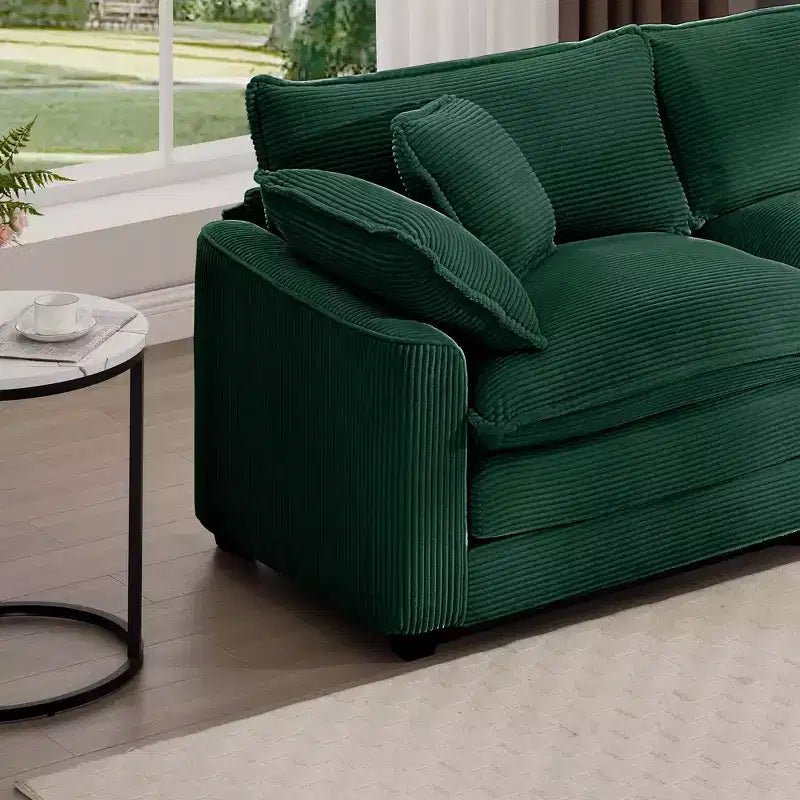Divano Sezionale Moderno Mid-Century a 3 Posti con 2 Cuscini Bracciolo e 3 Cuscini Decorativi, Tessuto in Velluto a Coste Beige Chiaro