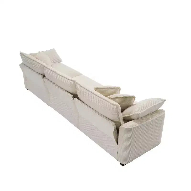Divano Sezionale Moderno Mid-Century a 3 Posti con 2 Cuscini Bracciolo e 3 Cuscini Decorativi, Tessuto in Velluto a Coste Beige Chiaro