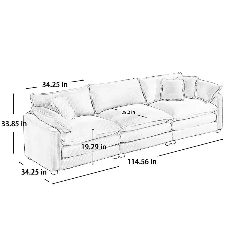 Divano Sezionale Moderno Mid-Century a 3 Posti con 2 Cuscini Bracciolo e 3 Cuscini Decorativi, Tessuto in Velluto a Coste Beige Chiaro