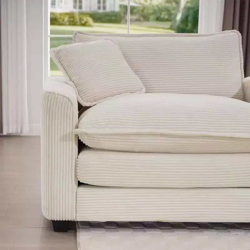 Divano Sezionale Moderno Mid-Century a 3 Posti con 2 Cuscini Bracciolo e 3 Cuscini Decorativi, Tessuto in Velluto a Coste Beige Chiaro