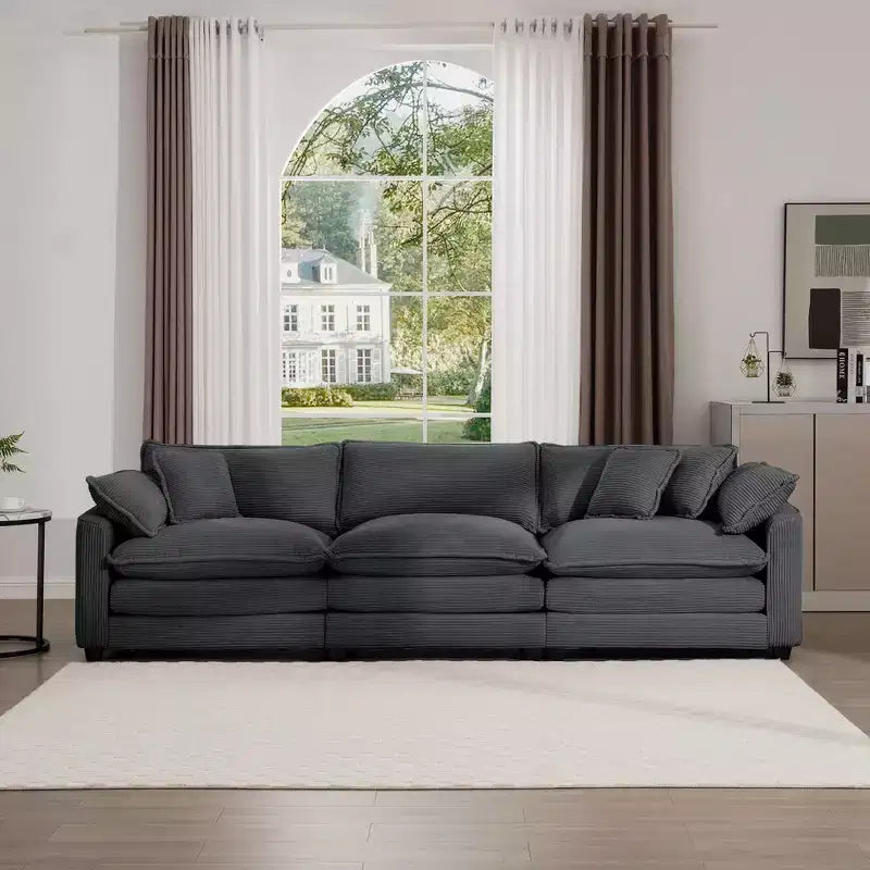 Divano Sezionale Moderno Mid-Century a 3 Posti con 2 Cuscini Bracciolo e 3 Cuscini Decorativi, Tessuto in Velluto a Coste Beige Chiaro