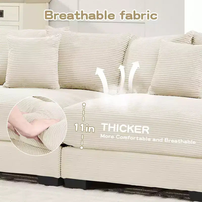 Divano componibile modulare Oversized Cloud da 138 cm, braccioli extra spessi, cuscini a buona resilienza, design ergonomico, tessuto a coste premium morbido