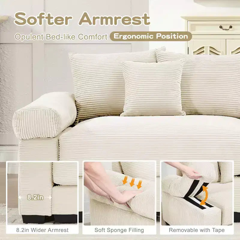 Divano componibile modulare Oversized Cloud da 138 cm, braccioli extra spessi, cuscini a buona resilienza, design ergonomico, tessuto a coste premium morbido