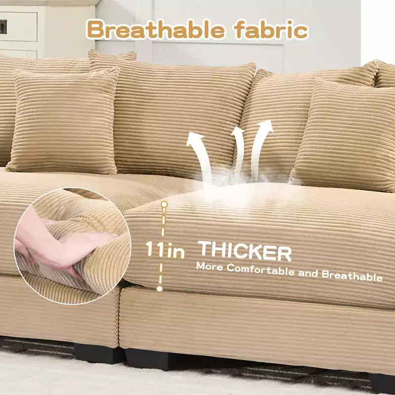 Divano modulare Oversized Cloud 130, velluto a coste premium a 3 posti. Braccioli extra spessi, cuscino a buona resilienza