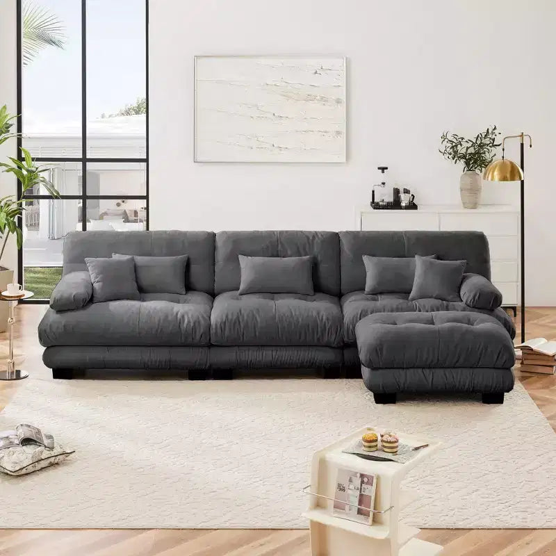 Divano Oversized a L Cloud per Soggiorno Divano con Seduta Profonda e Pouf Convertibile in ciniglia, color Caffè Chiaro