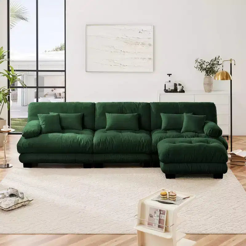 Divano Oversized a L Cloud per Soggiorno Divano con Seduta Profonda e Pouf Convertibile in ciniglia, color Caffè Chiaro