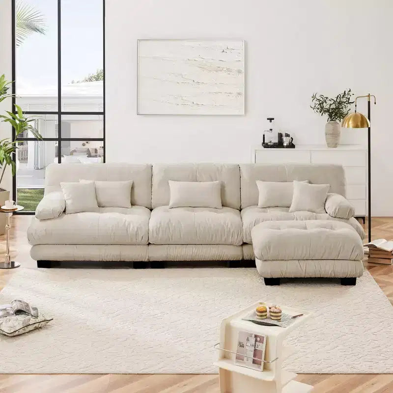 Divano Oversized a L Cloud per Soggiorno Divano con Seduta Profonda e Pouf Convertibile in ciniglia, color Caffè Chiaro