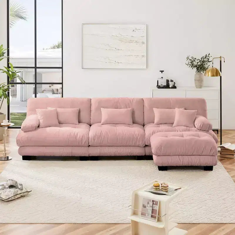 Divano Oversized a L Cloud per Soggiorno Divano con Seduta Profonda e Pouf Convertibile in ciniglia, color Caffè Chiaro