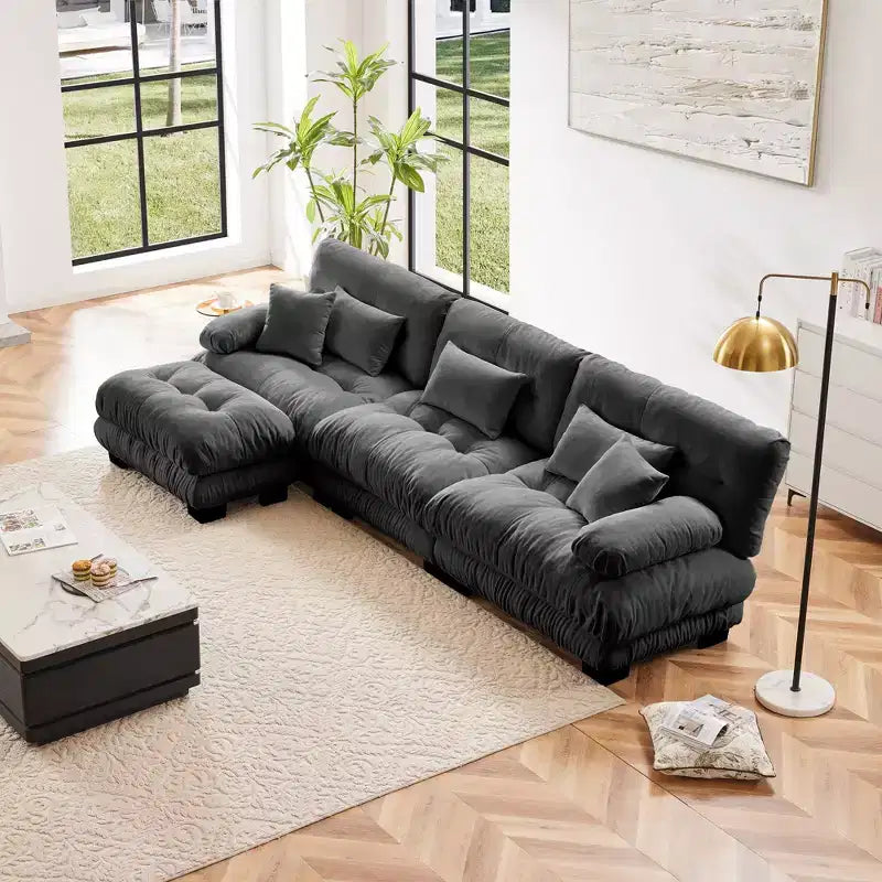 Divano Oversized a L Cloud per Soggiorno Divano con Seduta Profonda e Pouf Convertibile in ciniglia, color Caffè Chiaro